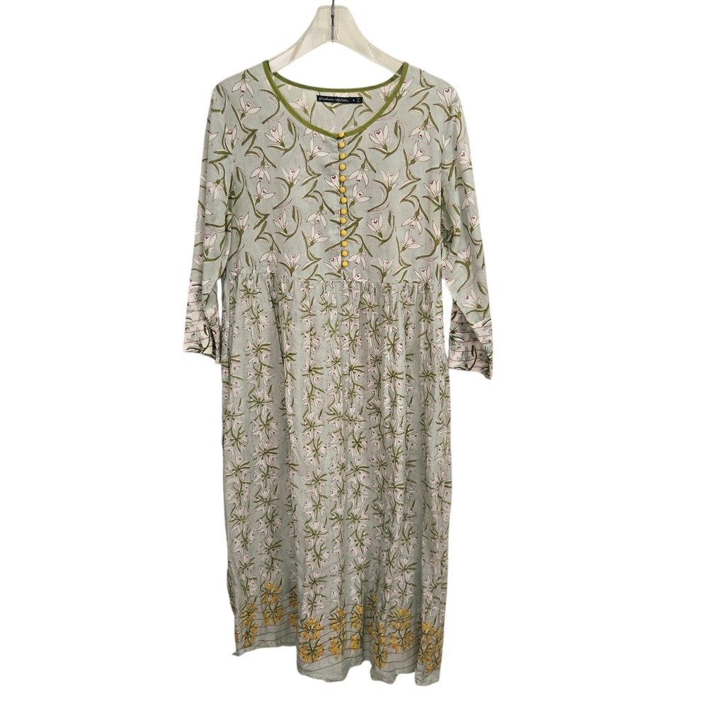 Gudrun Sjoden Midi Dress Medium Green Floral Empire Waist Organic Cotton Prairie